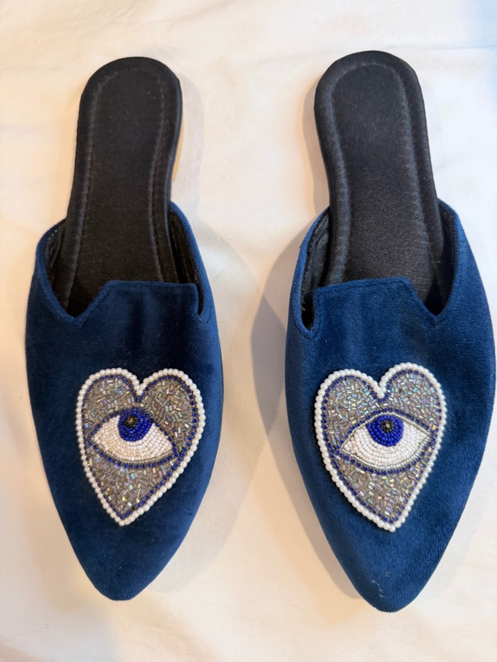 Women’s Navy Blue Beaded Eye Heart Slip-On Mules